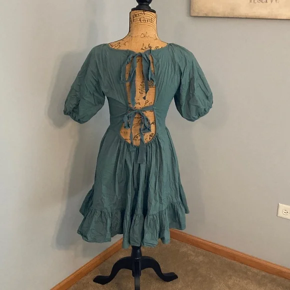 Peter Som Dark Green-Blue Mini Dress Puff Sleeves Women Size 6 - Picture 5 of 15